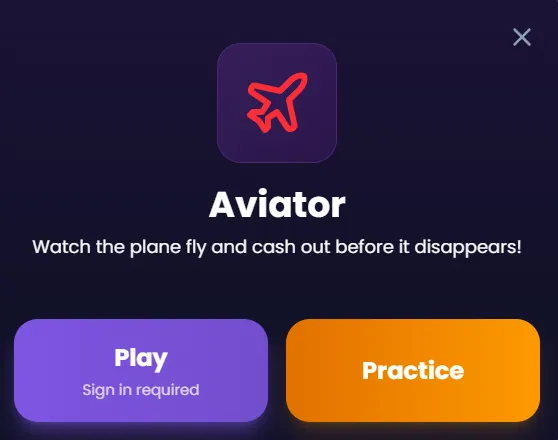 Zoran Bet Aviator launch screen with Play (Sign in required) and Practice buttons