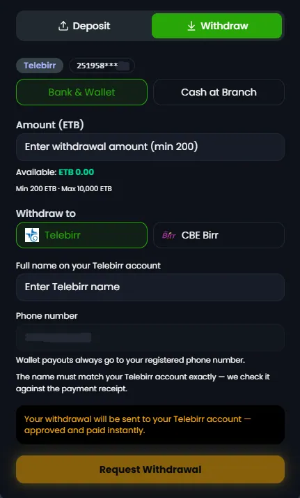 Zoran Bet withdrawal screen showing Bank and Wallet option, minimum and maximum limits, and a Request Withdrawal button