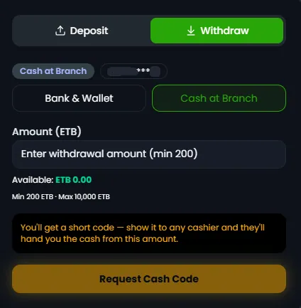 Zoran Bet Cash at Branch withdrawal screen showing the same 200 to 10,000 ETB limit and a Request Cash Code button