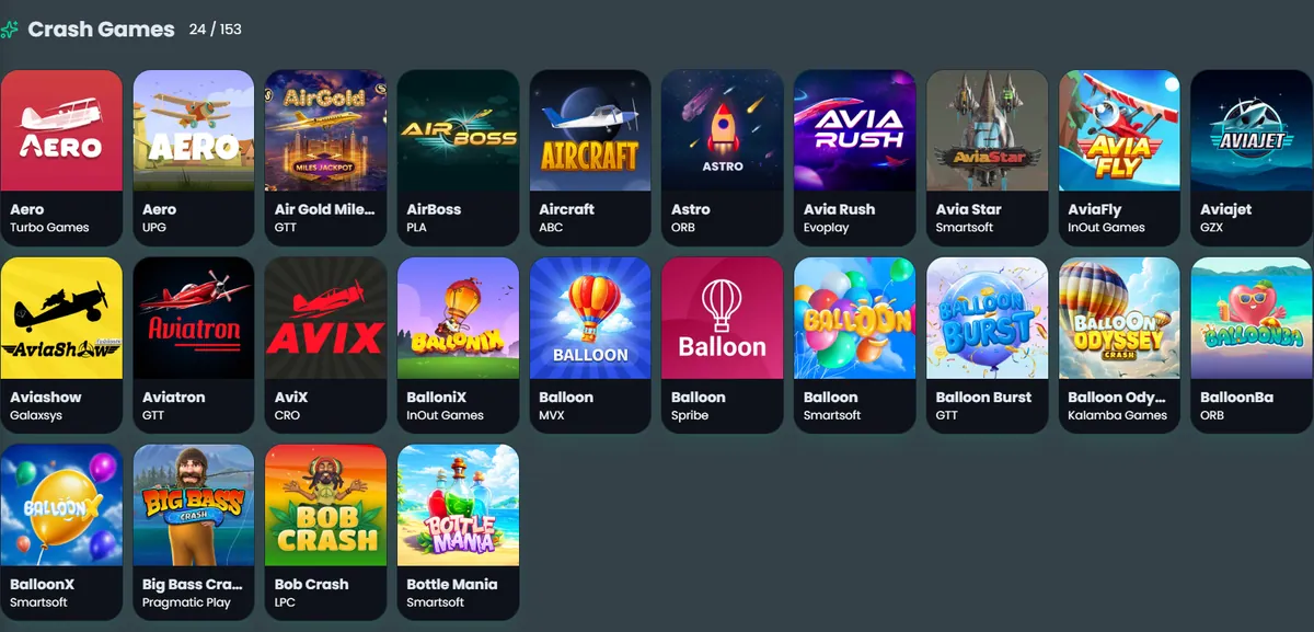 Zoran Bet Crash Games category listing 24 of 153 titles from a wide range of providers