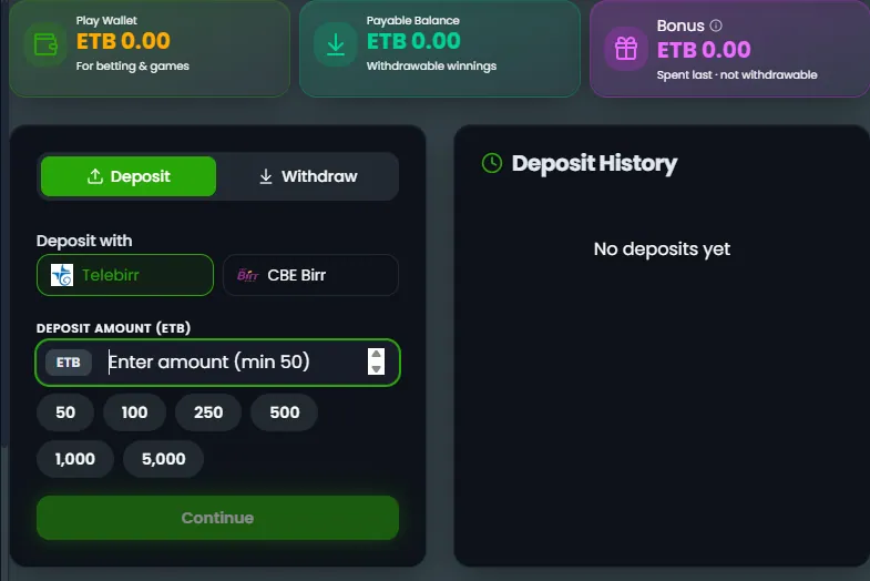 Zoran Bet deposit screen showing Telebirr and CBE Birr methods with quick amount buttons from 50 to 5,000 ETB