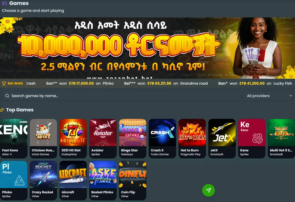 Zoran Bet Games hub showing the Top Games row, search bar, provider filter and a live BIG WINS ticker