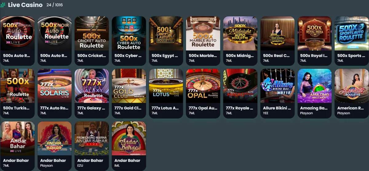 Zoran Bet Live Casino category showing roulette variants and Andar Bahar tables