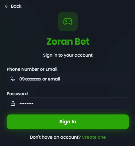 Zoran Bet login form with phone number or email field and password field
