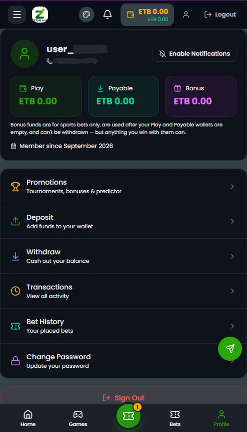 Zoran Bet mobile account page showing wallet balance and account menu