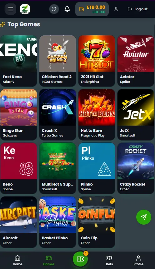 Zoran Bet mobile Games page showing the Top Games list, wallet balance header and bottom navigation