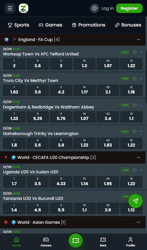 Zoran Bet mobile sport section with top navigation for Sports, Games, Promotions and Bonuses and a bottom navigation bar