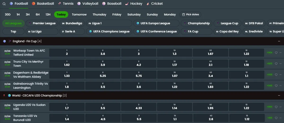 Zoran Bet pre-match odds board showing football fixtures with home win, draw and away win odds