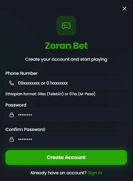 Zoran Bet registration form showing phone number field with Ethiopian format note, password and confirm password fields