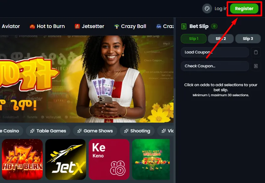 Zoran Bet header showing Log in and Register buttons next to the bet slip panel