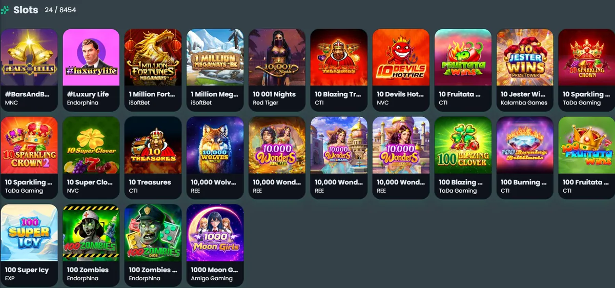 Zoran Bet Slots category listing 24 of 8,454 titles from providers including iSoftBet, Red Tiger and Endorphina