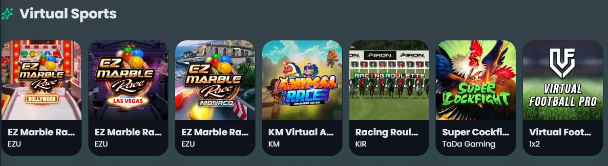 Zoran Bet Virtual Sports row showing EZ Marble Race, KM Virtual Animal Race, Racing Roulette, Super Cockfight and Virtual Football Pro